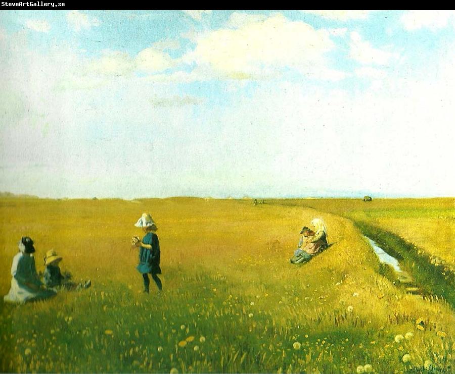 Michael Ancher born og unge piger plukker blomster pa mark nord for skagen